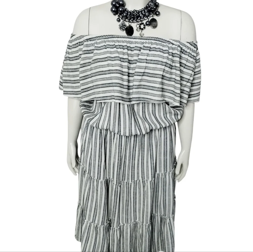 Ashley Womens Linen Euro Summer Beachy Coastal Off Shoulder Striped Tiered Dress